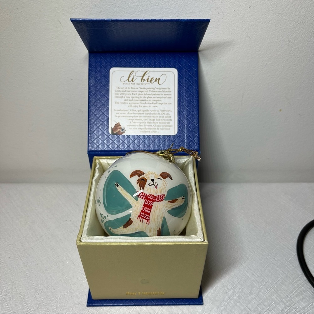 Pier 1 LE BIEN Hand-Painted Dog Ornament with Red Scarf & Let it Snow